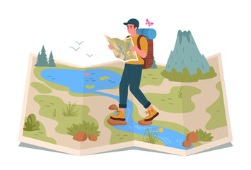 Man hiking on map. Male tourist walking on wild nature terrain map, hiking route and destination flat vector illustration. Cartoon backpacker trekking on map