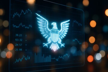 A stylized eagle on a futuristic financial data screen. A futuristic vision of global digital commerce and financial technology.