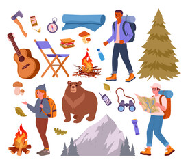 Outdoor camping supplies. Hiking, backpacking people and tourists tools, tent, bonfire and axe flat vector illustration set. Camping equipment and characters on white