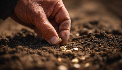 Close-up of a hand planting seeds into soil for planting