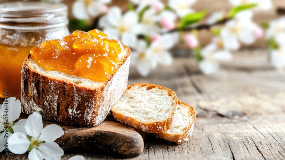 Aufkleber a close-up of a slice of crusty bread topped with luscious apricot jam, surrounded by blossoms and r