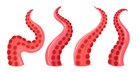 Squid tentacles. Cartoon ocean octopus creature palpus, twisted limbs with suckers flat vector illustration set. Marine octopus animal tentacles on white