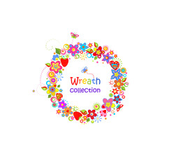 Funny wreath collection with colorful abstract flowers, strawberry and butterflies for greeting card isolated on white background. Part 3