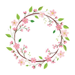 A delicate floral wreath with pink blossoms and green leaves isolated on white background