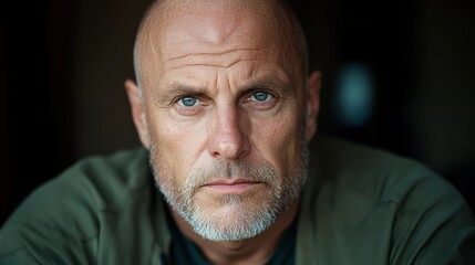 Obraz premium An intense close-up of a mature man, deep in thought, with captivating blue eyes and an expressive face, conveying emotions of wisdom and contemplation.