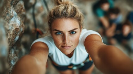 Captured in action, a determined woman is climbing a rock wall, showcasing physical strength and focus while surrounded by a supportive climbing community in the backdrop.
