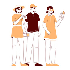 Tourist group. Male and female tourists with map, traveling people, tourists finding map location flat vector illustration. Travellers characters scene