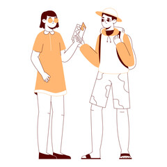 Travellers with map. Tourist characters couple, traveling people, tourists finding map location flat vector illustration. Male and female tourist scene