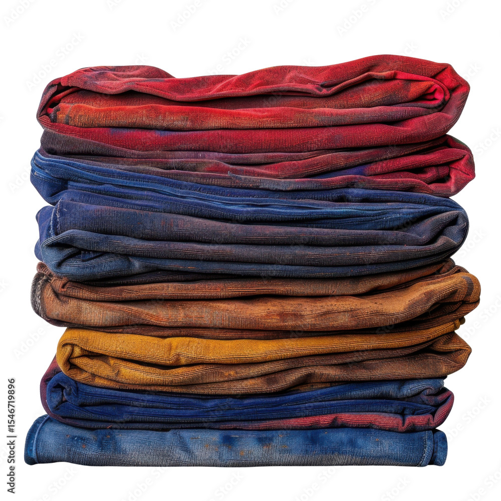 Poster colorful folded fabrics stacked neatly, showcasing variety of textures and hues, creating vibrant an