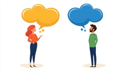 Illustrative design showing two people communicating with speech bubbles, symbolizing conversation and interaction.