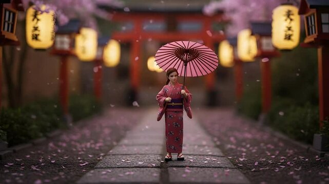 Walking with Parasol among Blossoms in Japan Inspired Setting