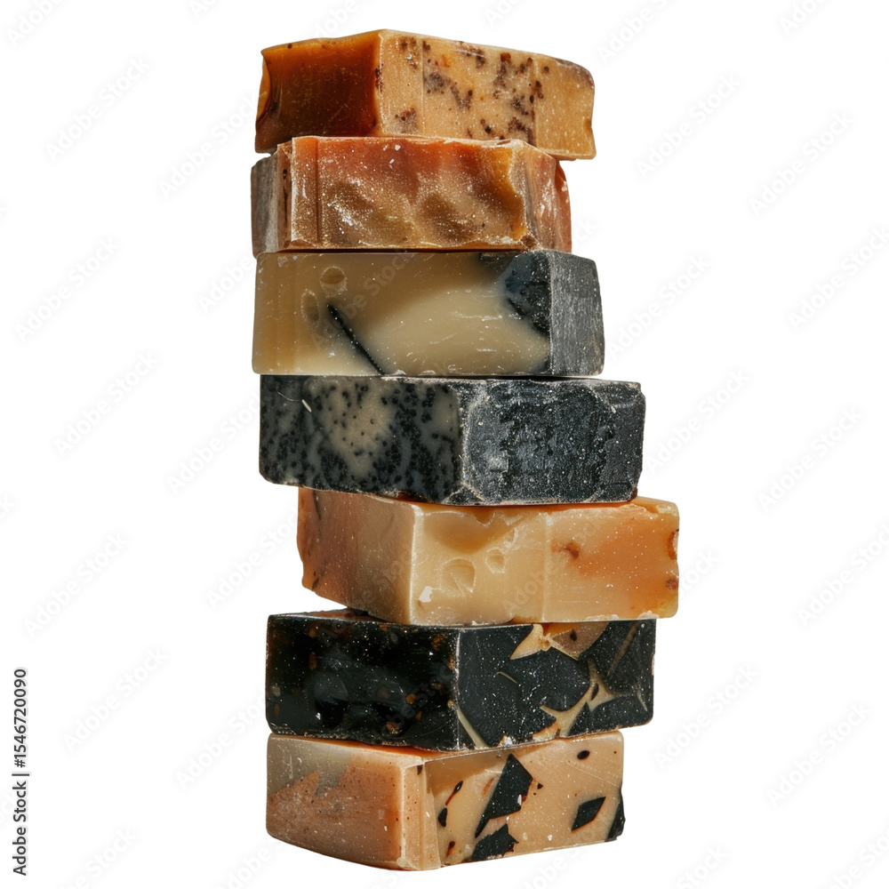 Poster handcrafted soap bars stacked in visually appealing arrangement, showcasing various colors and textu
