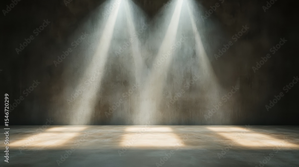 Poster two beams of light shine down in an empty concrete room, creating a minimalist and atmospheric scene