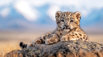 Obraz premium A charming snow leopard cub poses adorably on a rocky surface, showcasing its beautiful fur and captivating eyes amid a serene natural landscape.