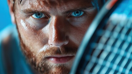 A close-up shot of a determined tennis player showcasing intense focus with captivating blue eyes, emphasizing athleticism and passion in the sport of tennis.
