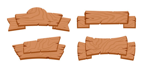 Wooden ribbons. Rustic blank sign boards and ribbon planks, wooden ribbon planks flat vector illustration set. Vintage curved wood banners