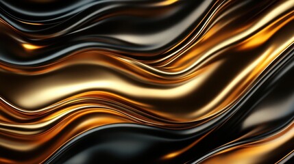 A mesmerizing abstract composition of flowing metallic waves blending black and gold, showcasing the interplay between light and shape in an artistic design.