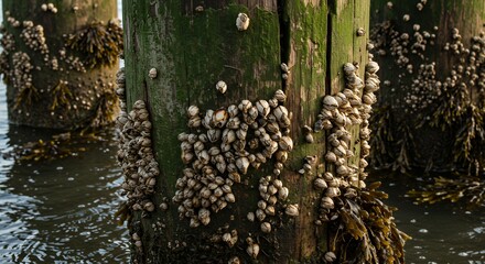 Barnacles on Wooden Piles in Coastal Waters
