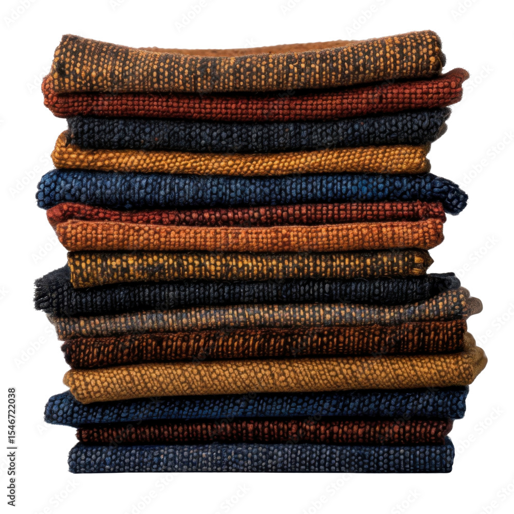 Poster colorful stacked fabrics in various textures and patterns create vibrant display, showcasing rich hu