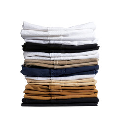 Stacked neatly, this collection of folded shirts showcases variety of colors, including white, navy, beige, and brown, creating visually appealing