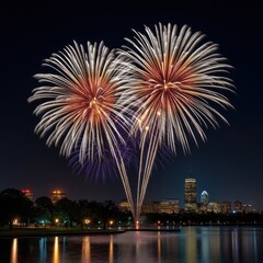 Fireworks exploding over water at night celebration time