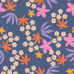 Artistic simple branches flowers peonies, dahlia and buds with leaves seamless pattern. Vector hand drawn. Retro, vintage, pastel print. Template for design, fabric, fashion, wallpaper, textile
