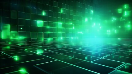 A glowing emerald green grid with pulsating lights and soft glows, creating a dynamic abstract background.
