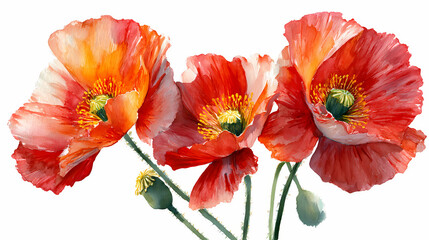 Fototapeta premium Watercolor Illustration of Poppy Flowers – Vibrant Red and Orange Blossoms with Green Stems on a White Background