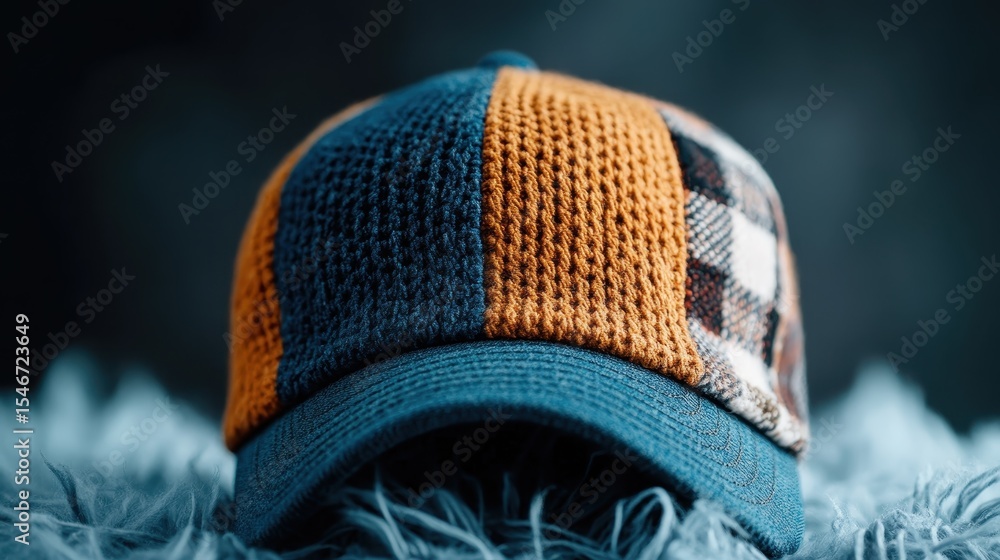 Poster a colorful knitted cap featuring a mix of textures and patterns, representing a fusion of creativity