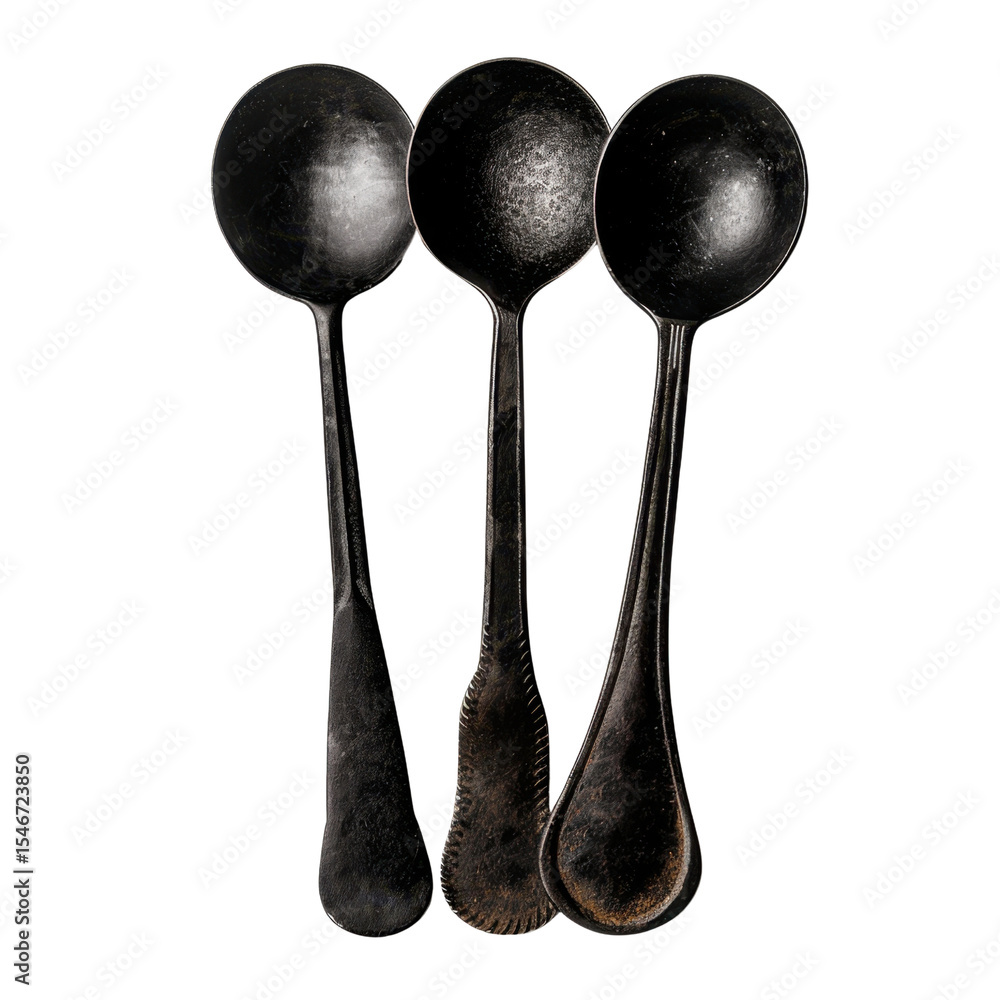 Poster vintage spoons with intricate designs, showcasing rustic charm and unique textures. perfect for addi