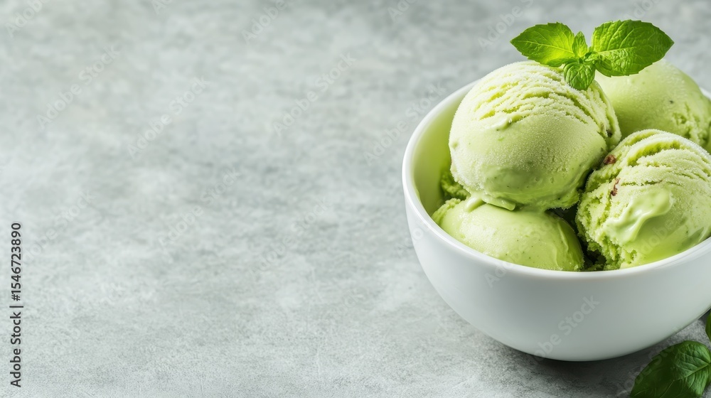 Poster a refreshing display of mint ice cream scoops, perfectly arranged in a simple white bowl, emphasizin