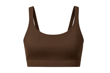 Sports bra mockup featuring brown fabric, displaying design against transparent background