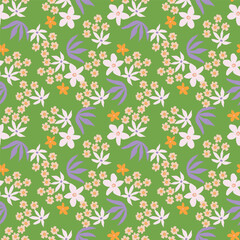 Artistic simple branches flowers peonies, dahlia and buds with leaves seamless pattern. Vector hand drawn. Retro, vintage, pastel print. Template for design, fabric, fashion, wallpaper, textile
