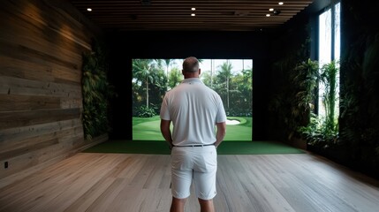 A golfer stands focused in an immersive indoor golfing simulator, poised to hit the next shot while surrounded by high-tech displays and lush virtual landscapes.