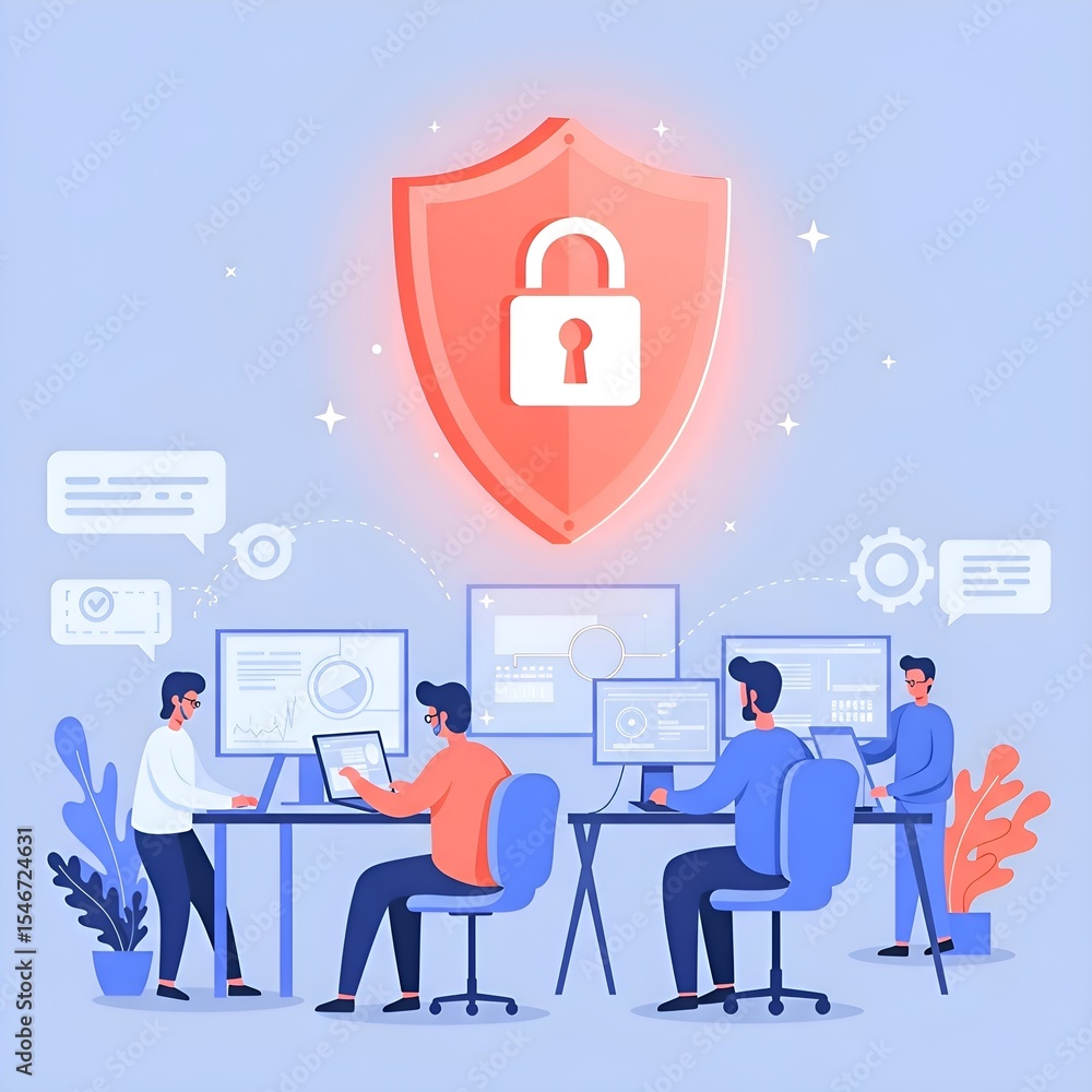 Poster cybersecurity team protecting data with advanced shield technology in 2024