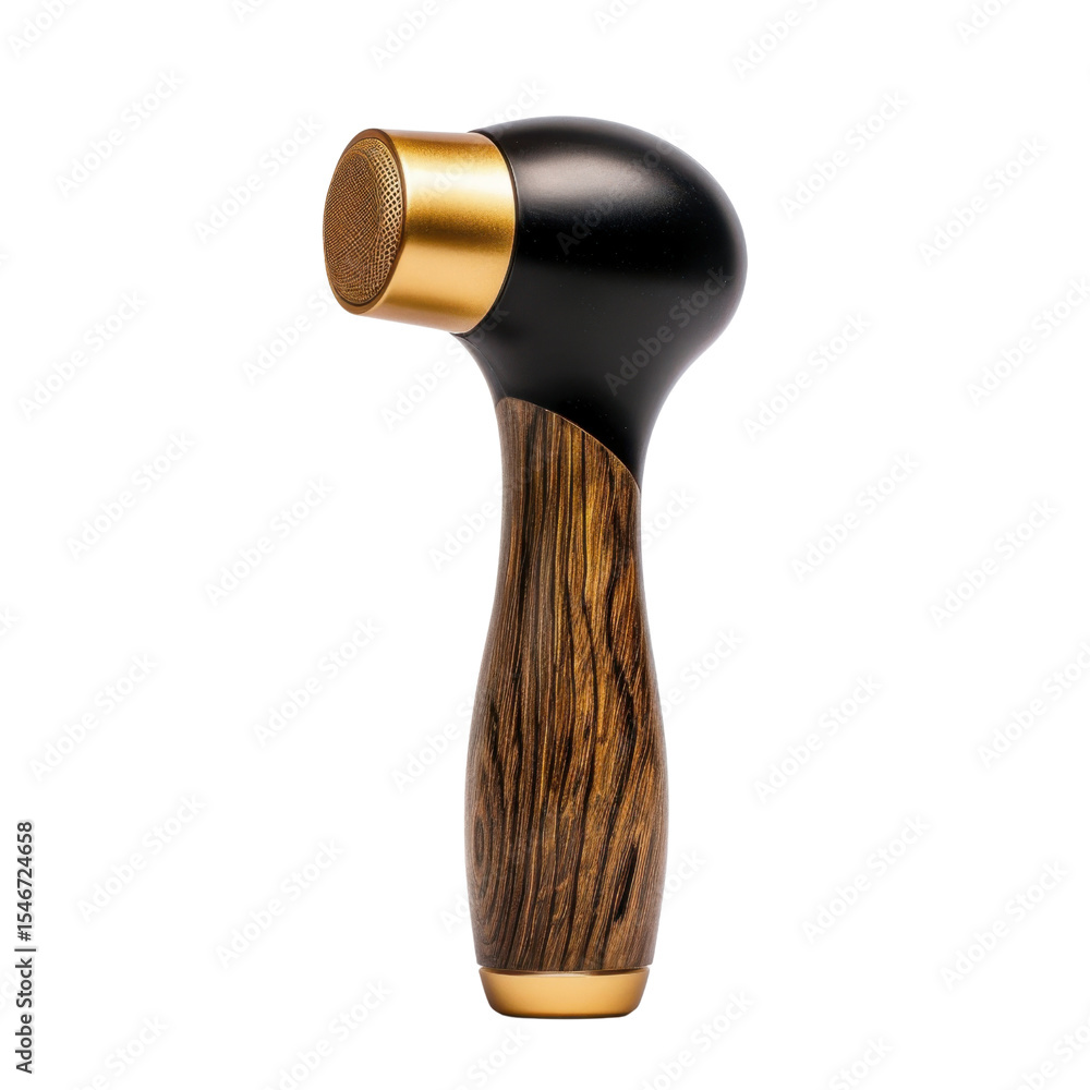 Poster stylish wooden handle device with sleek design, featuring gold accent and textured head for enhanced