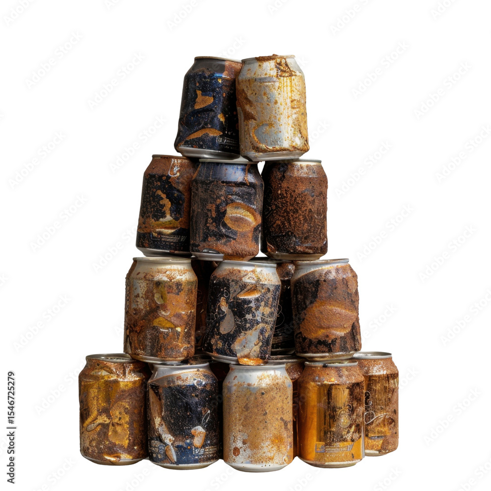 Poster stacked rusty cans create striking visual of decay and neglect, showcasing various colors and textur