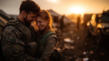 A heartfelt moment as a couple embraces against a sunset backdrop, symbolizing love and connection amidst the challenges of a military environment.