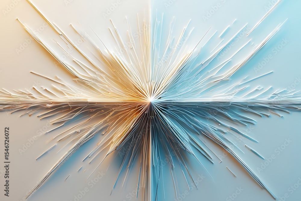 Poster abstract 3d rendering of exploding lines, light blue and beige, radiating outwards from center