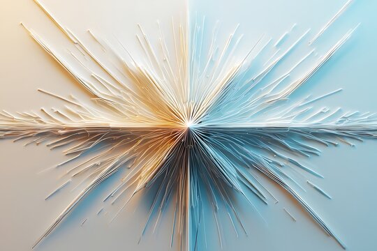 Abstract 3D rendering of exploding lines, light blue and beige, radiating outwards from center