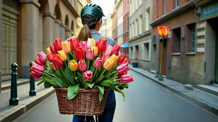 Woman carrying large wicker basket full of colorful tulips while cycling through historic european city street. Concept of flower delivery business, florist services, spring retail industry.