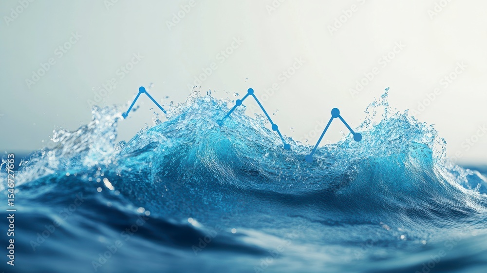 Poster Abstract graph on wavy ocean; fluctuating data concept.