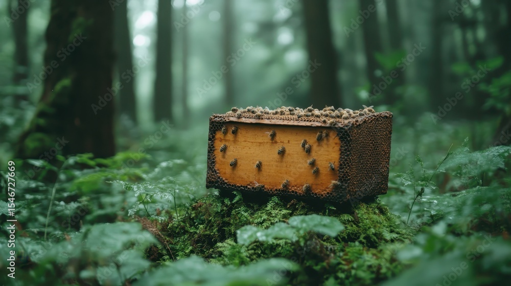 Poster a rustic beehive rests on a moss-covered tree stump in a dense green forest, highlighting the wonder