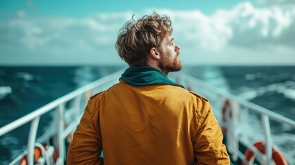 Fototapeta premium A contemplative man gazes at the vast ocean from the deck of a ferry, encapsulating the spirit of adventure and reflection amidst nature’s expansive beauty.