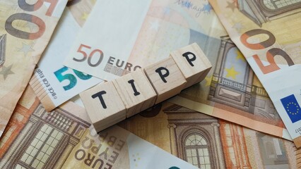 TIPP acronym made of wooden letter cubes on pile of Euro banknotes. Taxe Intérieure sur les...
