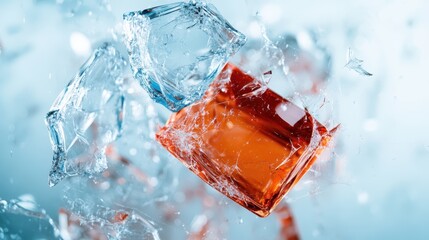 The image captures an exciting moment of ice cubes crashing into a glass of red liquid, creating a visually stunning splash that conveys refreshment and energy.
