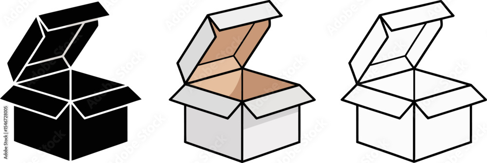 Poster open cardboard box vector illustration set for delivery and packaging design element for graphic use