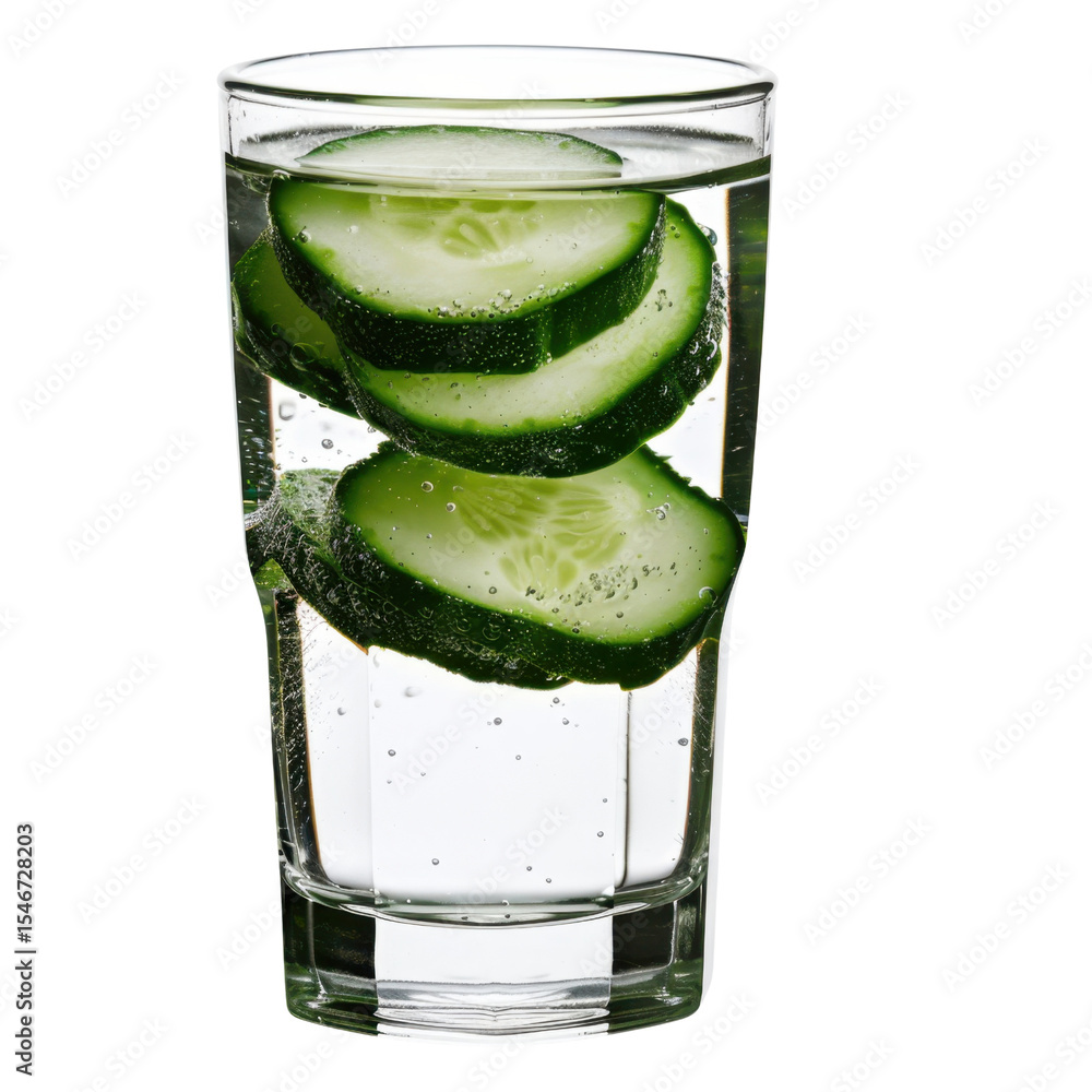 Poster refreshing cucumber water in clear glass, showcasing vibrant green cucumber slices floating in spark
