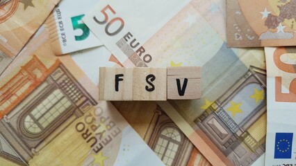 FSV acronym made of wooden letter cubes on pile of Euro banknotes. Fonds de Solidarité Vieillesse...