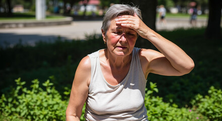 Senior woman suffering from heat exhaustion or heatstroke outdoors, holding her head in distress. Health risk for the elderly during a summer heatwave. For medical and public health awareness